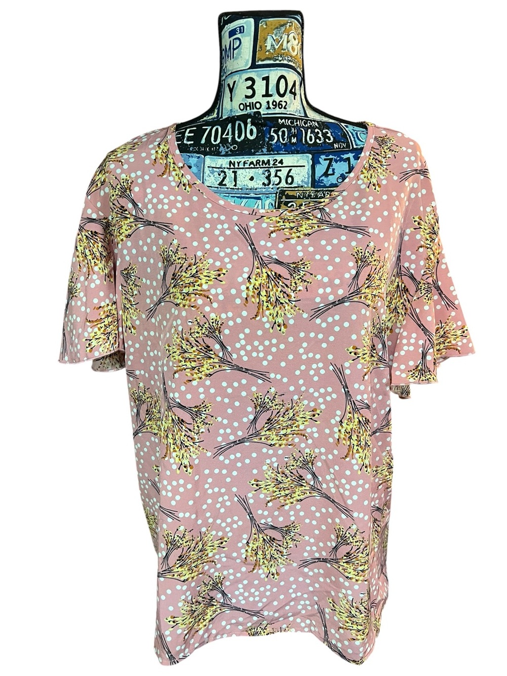 Pink Polka Dot Fall Floral Babydoll Short Sleeve Light Weight Blouse Sz 20/22